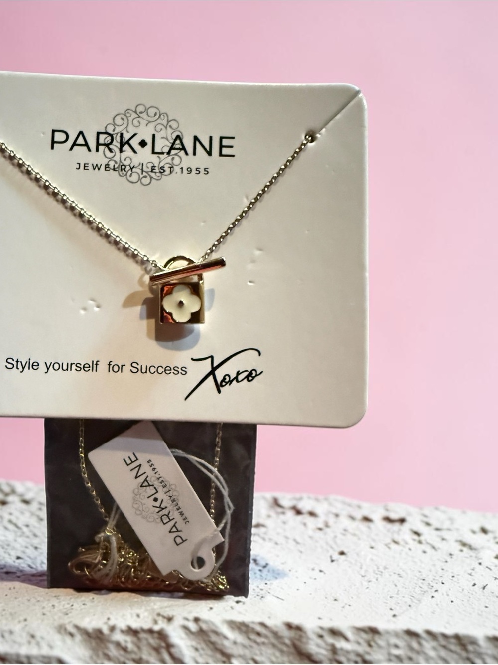 Park Lane Eclair Gold Hand Painted Enamel Quatrefoil Lock Necklace.